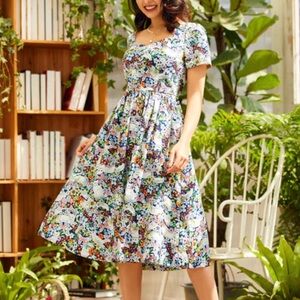 ModCloth Fit & Flare Midi Dress Whimsical Floral Cat Print